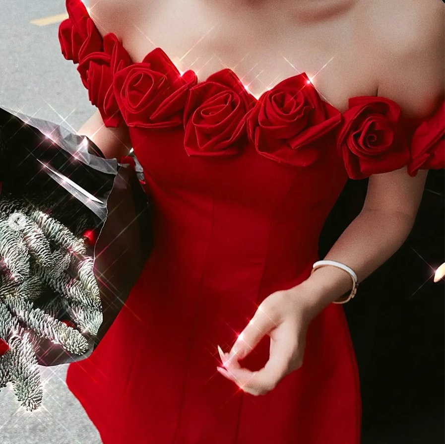 Red Off Shoulder Rose A-Line Homecoming Dress Birthday Outfits, DP3131