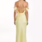 Elegant Pale Yellow Satin Off-the-Shoulder Spaghetti Strap Prom Dress DP8385
