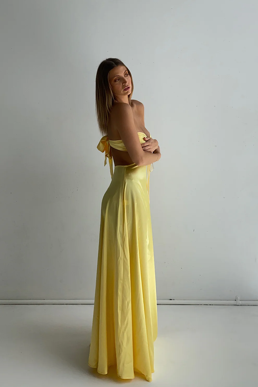 Yellow Strapless Cute Satin Simple A-Line Long Party Dress, DP2484