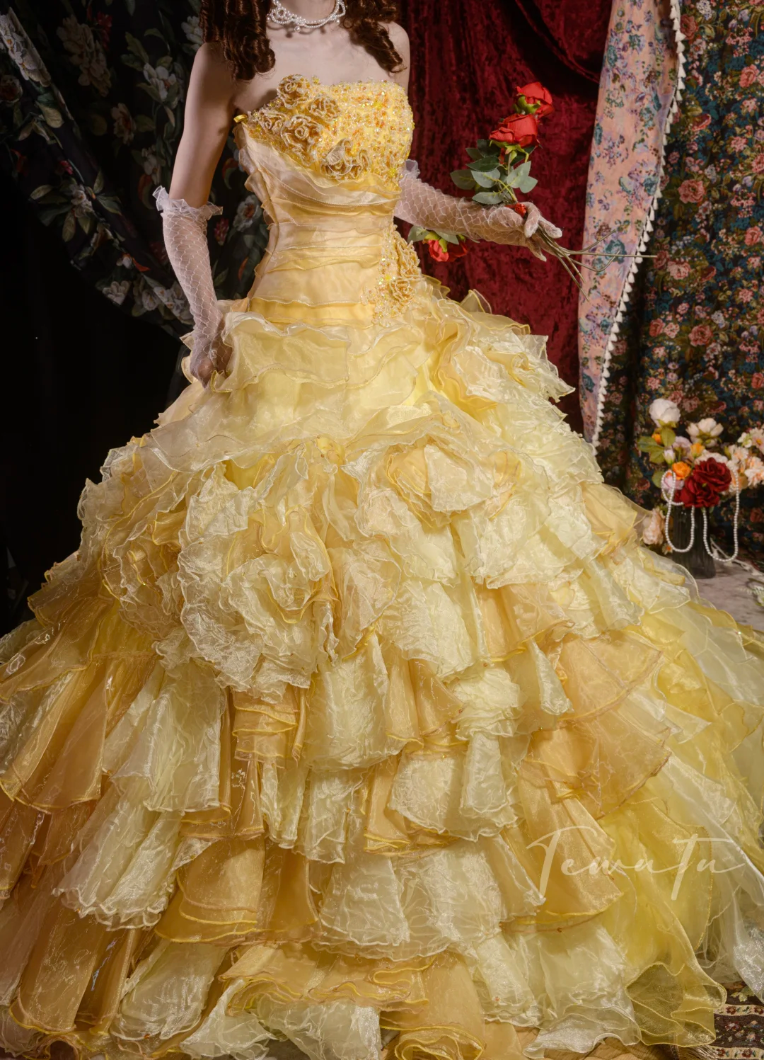 Gorgeous Yellow Layered Ruffle Glitter Tulle Sweet 16 Quinceanera Ball Gown  DP7416