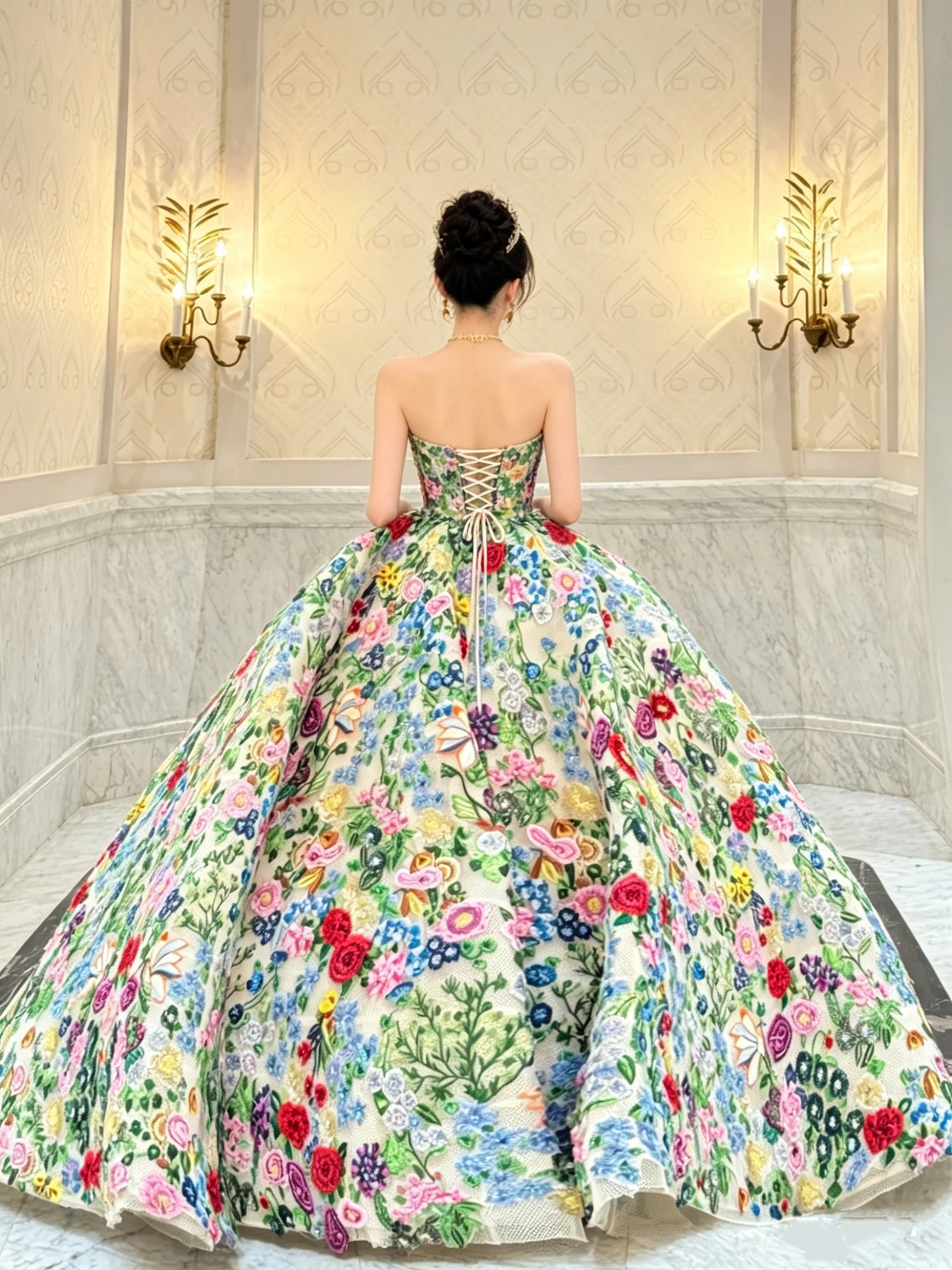 Gorgeous Floral Embroidery Strapless Ball Gown Off White Prom Dress with Colorful 3D Flowers DP5041