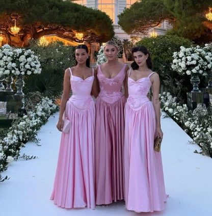 Wunderschönes rosa Spaghettiträger-A-Linien-Satin-Partykleid mit Herzausschnitt, Brautjungfernkleid DP6302