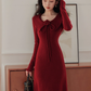 Robe de bal fourreau bordeaux vintage, robe de soirée à manches longues, robe longue en tricot, DP6701