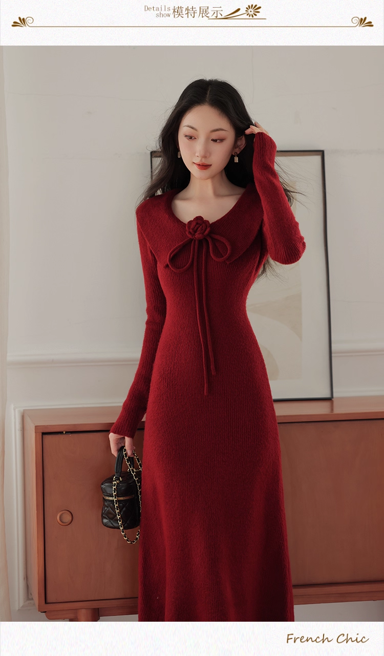 Robe de bal fourreau bordeaux vintage, robe de soirée à manches longues, robe longue en tricot, DP6701