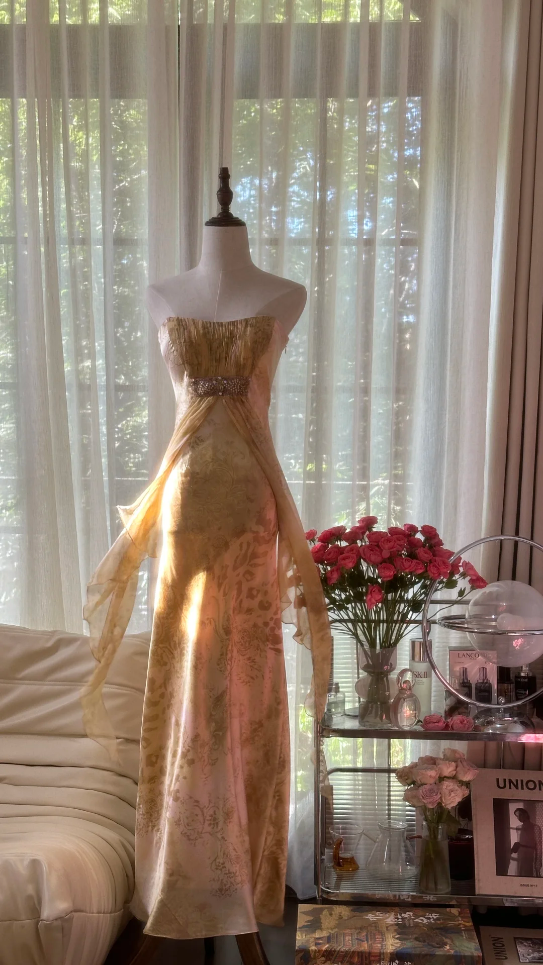 Retro Golden Strapless Floral Elegant Design A-line Beaded Romantic Chiffon Evening Dress Prom Dress , DP5981
