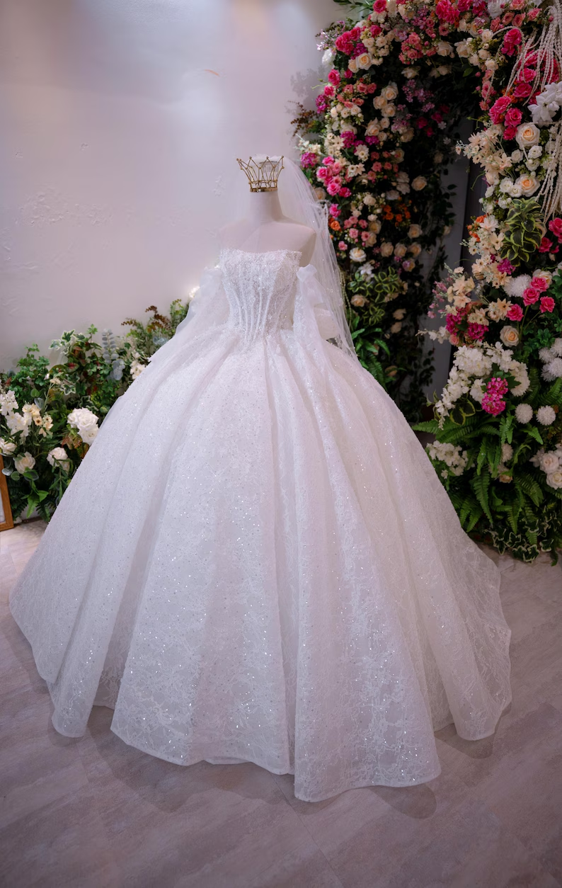 Elegant Off-the-Shoulder Glitter Lace A-Line Wedding Dress DP8391