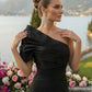 Elegant Black One-Shoulder Satin Mermaid Prom Dress DP8496