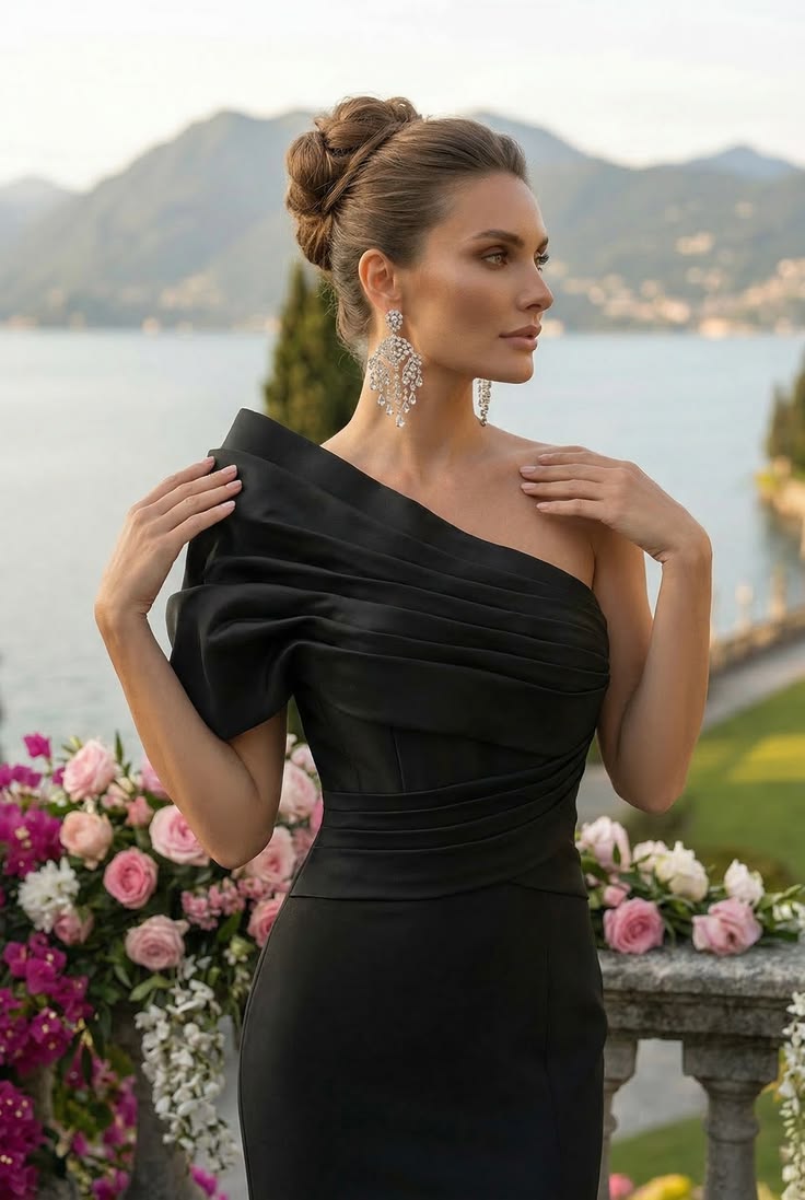 Elegant Black One-Shoulder Satin Mermaid Prom Dress DP8496