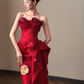 Vintage Red Satin Strapless Mermaid Evening Dress 3D Floral Appliques & Ruffled Prom Dress DP8309