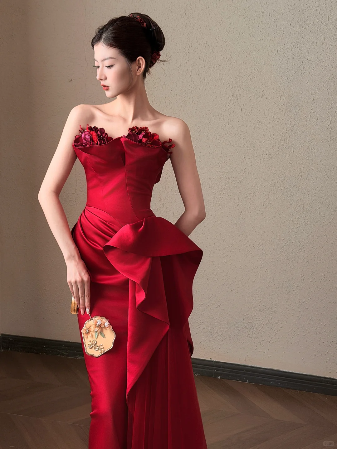 Vintage Red Satin Strapless Mermaid Evening Dress 3D Floral Appliques & Ruffled Prom Dress DP8309