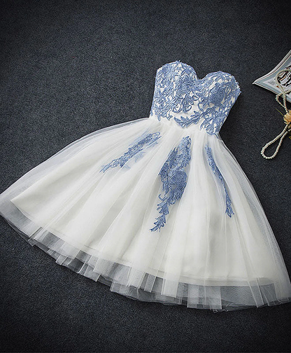 Vintage Blue Sweetheart Embroidery Design A-line Tulle Party Dress Homecoming Dress DP6069