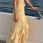 Elegant Pale Yellow Spaghetti Strap Embroidery Ruffle Evening Gown DP8472