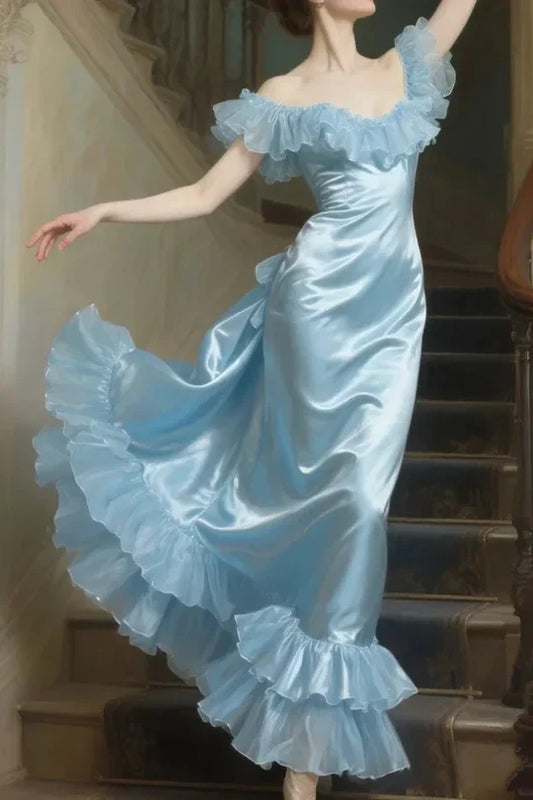 Glamorous Light Blue Off-the-Shoulder Satin Mermaid Prom Dress Ruffle Trim Formal Evening Gown DP8210