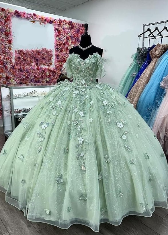 Elegant Sage Green Applique Sweetheart Off-the-shoulder Sweet 16 Quinceanera A-Line Floor-length Prom Dress Evening Dress Ball Gown DP6467