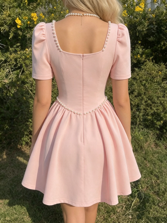 Lovely Pink Pearl-Trimmed Homecoming Dress Puff Sleeves Mini Party Gown DP8267