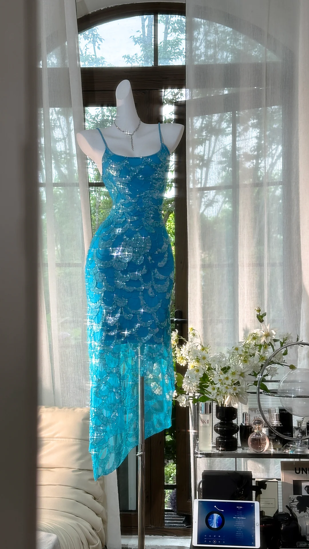 Vintage Blue Mermaid Sparkling Long Chiffon Spaghetti Strap Romantic Ball Gown Evening Dress Prom Dresses DP6006