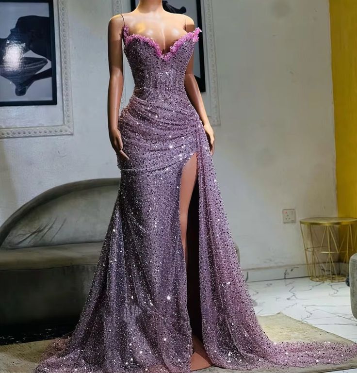 Glamorous Lavender Beaded Evening Dress with Trailing Train & Ruched Bodice DP8028