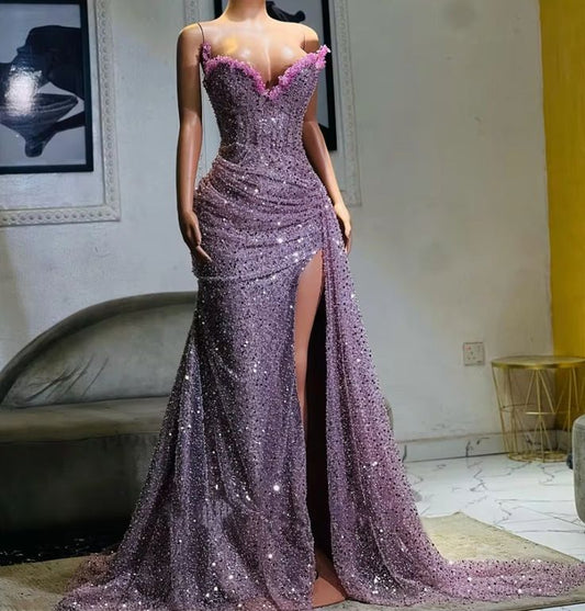 Glamorous Lavender Beaded Evening Dress with Trailing Train & Ruched Bodice DP8028
