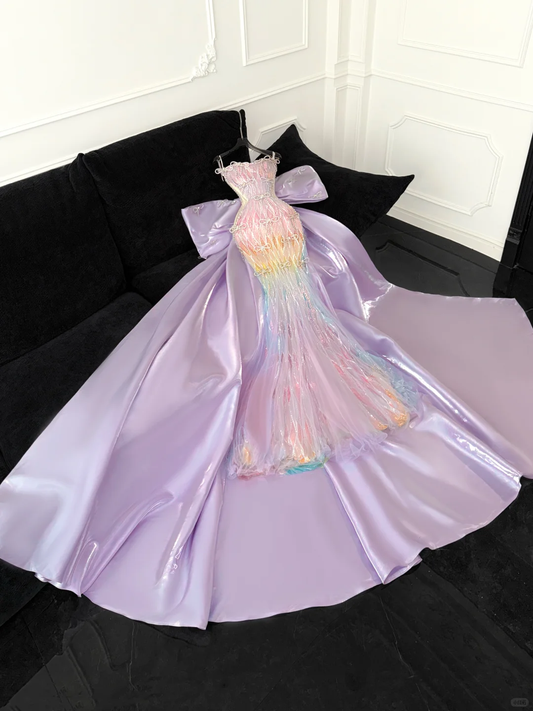 Chic Pastel Rainbow Ombre Sequin Mermaid Detachable Spaghetti Strap Beaded Formal Evening Gown DP7350