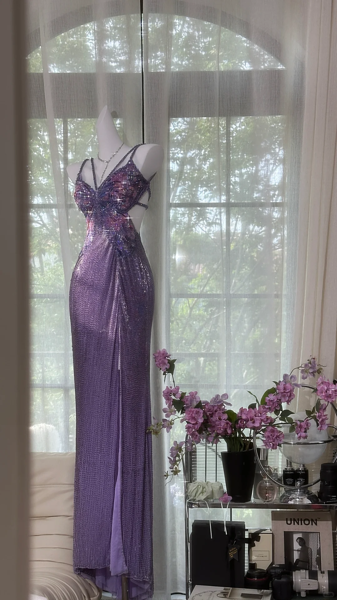 Gorgeous Purple Shiny Beaded Butterflies Pattern Spaghetti Strap Sheath High Slit Prom Dress Evening Dress DP6365