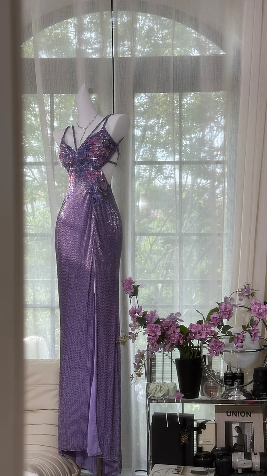 Gorgeous Purple Shiny Beaded Butterflies Pattern Spaghetti Strap Sheath High Slit Prom Dress Evening Dress DP6365