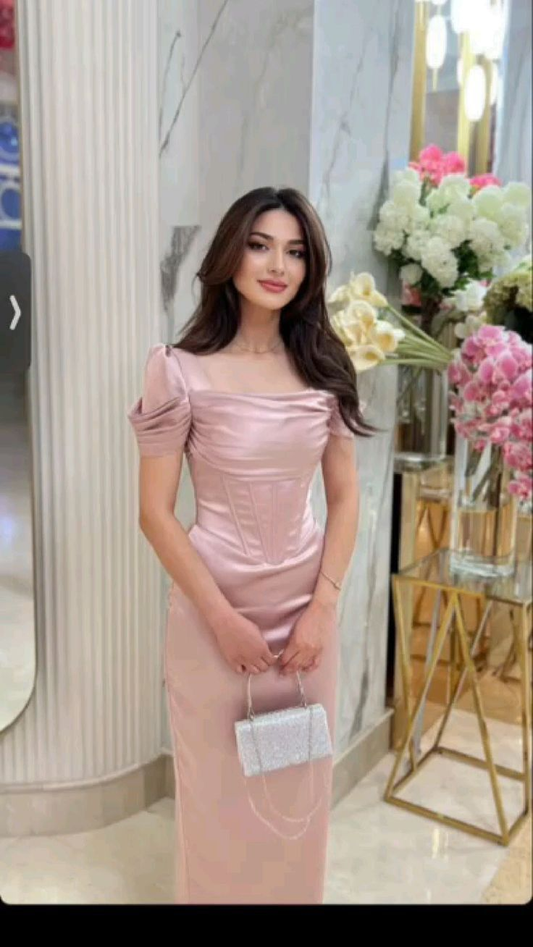 Light Pink Short Sleeves Satin Long Formal Party Dress, DP3820