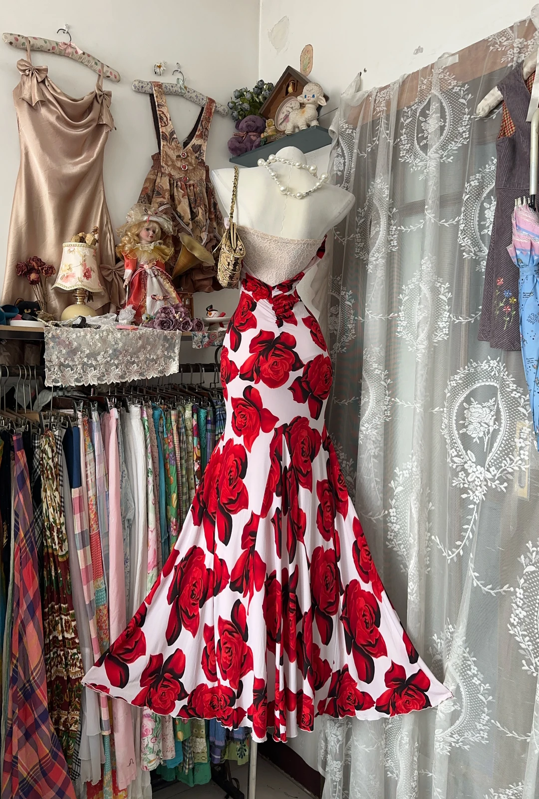 Vintage Red Rose Print Strapless Mermaid Maxi Dress DP8322