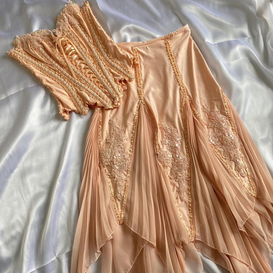 Unique 2 Pieces Appliques Ruffles Long Prom Dress Birthday Outfits, DP3418