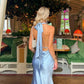 Vintage Light Blue Halter Neck Satin Sheath Prom Dress DP7575