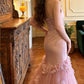 Elegant Blush Pink Satin Mermaid 3D Floral Tulle Evening Gown Prom Dress DP8170