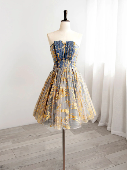 Vintage Sequin Beaded Strapless Ruffled Hem Design A-line Tulle Party Dress Homecoming Dress DP6073