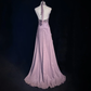 Gorgeous Lilac Chiffon Beaded Prom Dress Sheath Halter Neck Ruffled Evening Gown DP7113