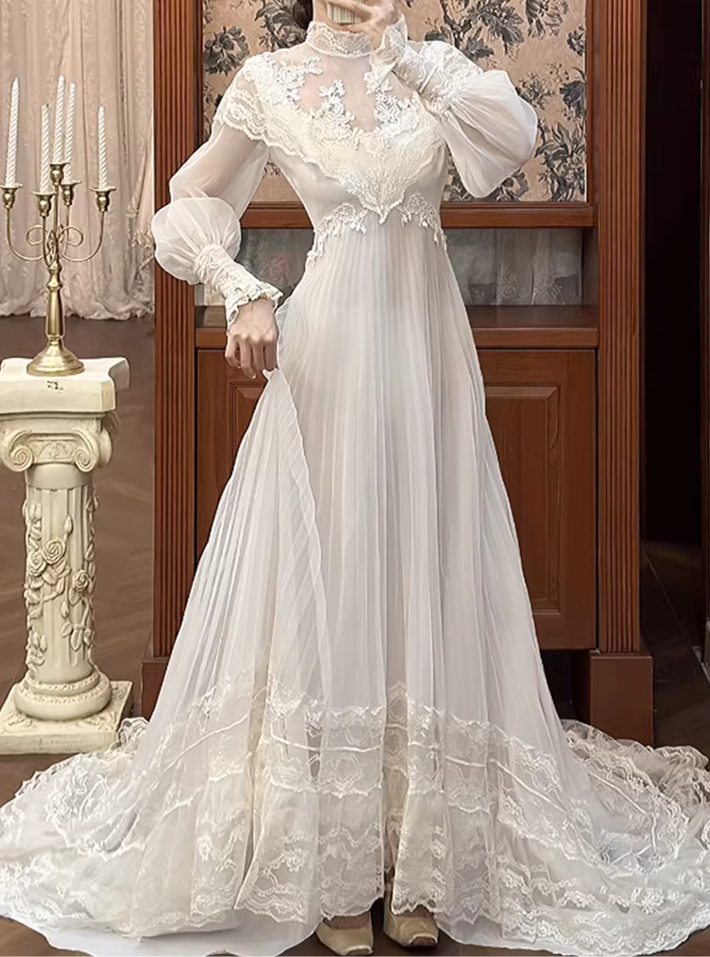 Vintage Ivory Lace Tulle High Neck & Puff Sleeves A-Line Wedding Dress DP8064