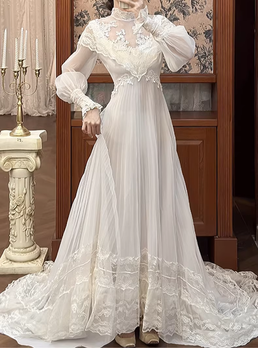 Vintage Ivory Lace Tulle High Neck & Puff Sleeves A-Line Wedding Dress DP8064