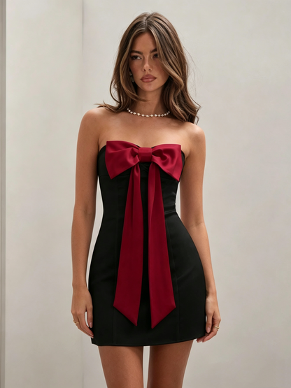 Vintage Strapless Satin Burgundy Bow Bodycon Cocktail Party Homecoming Dress DP8672