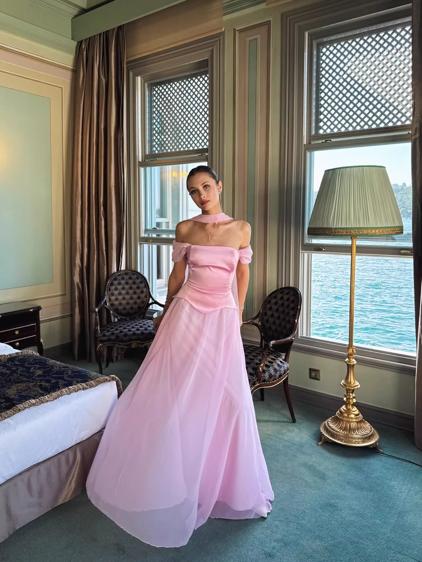 Vintage Off-the-Shoulder Satin & Chiffon Prom Dress Draped Neck Scarf Evening Gown DP8144