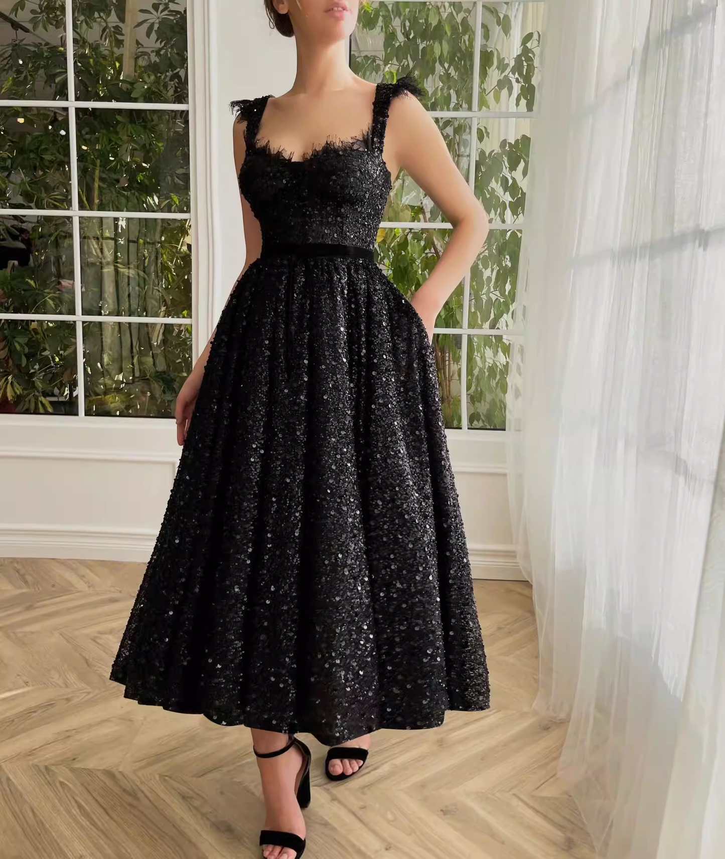 Elegant Square Neck Sequin A-Line Cocktail Dress Evening Dress DP8075