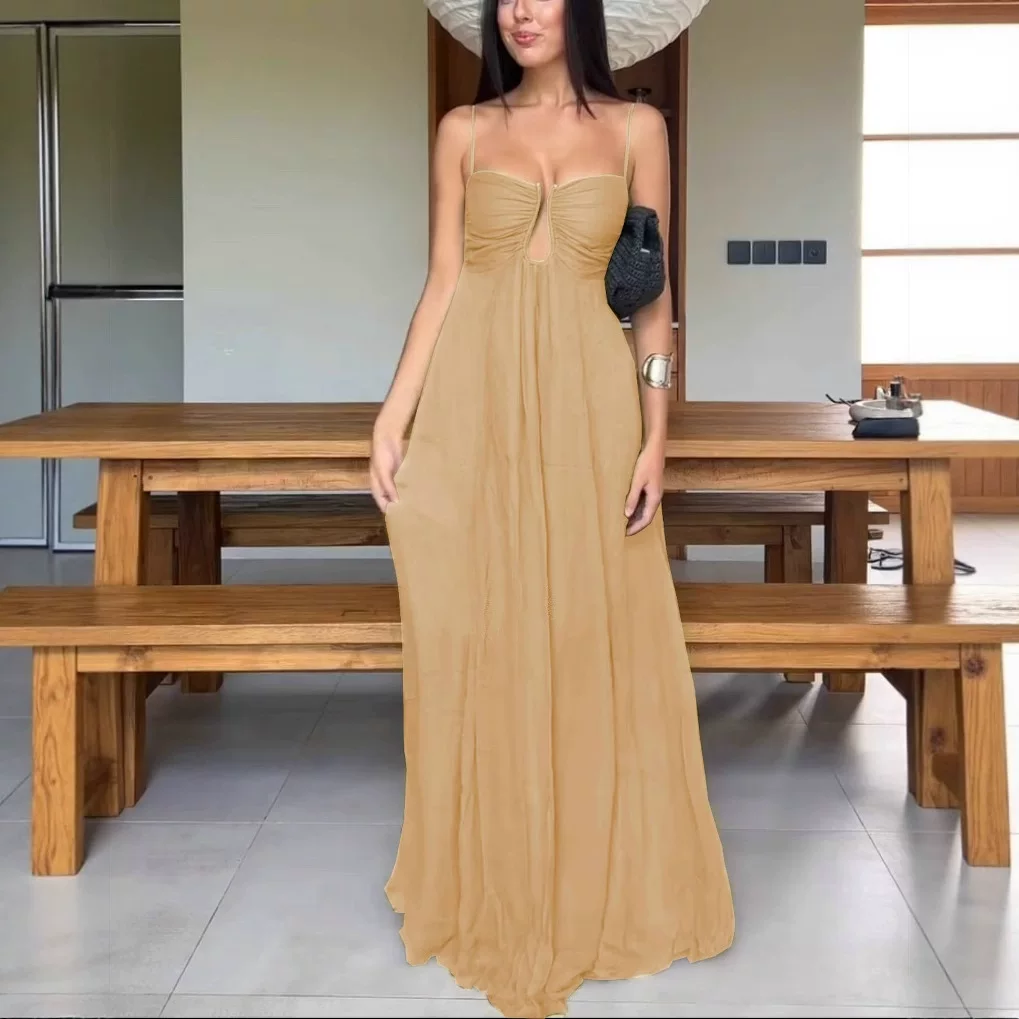 Vintage Olivgrünes Spaghettiträger Maxi Ballkleid Tiefer V-Ausschnitt Gerafftes Chiffon Abendkleid DP8353