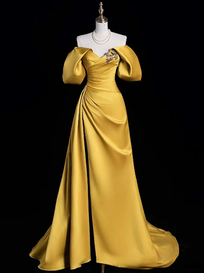 Elegant Golden Off‑the‑Shoulder Satin High Slit A-Line Prom Dress DP8779