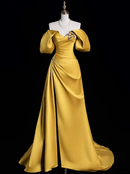 Elegant Golden Off‑the‑Shoulder Satin High Slit A-Line Prom Dress DP8779