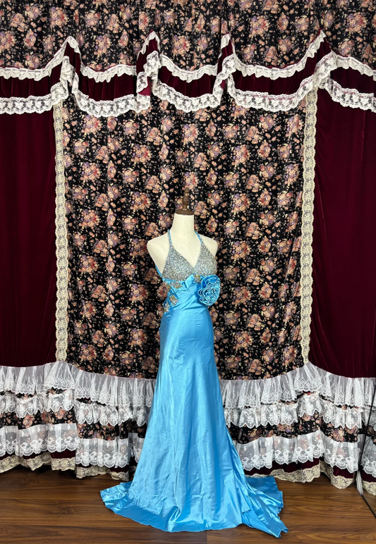 Retro Blau Perlenbesetztes V-Ausschnitt Neckholder Kleid A-Linie Satin Quinceanera Kleider Ballkleider, DP5914