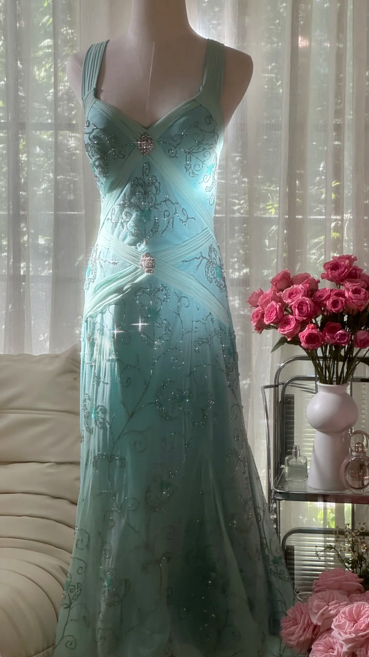 Retro Sparkling Light Blue Sweetheart Design A-line Romantic Chiffon Evening Dress Prom Dress, DP5985
