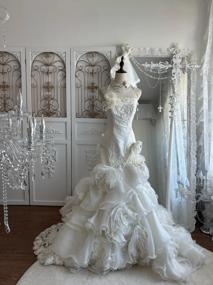 Gorgeous Strapless Sweetheart Lace Mermaid Wedding Dress Tiered Ruffled Tulle Bridal Gown DP8299