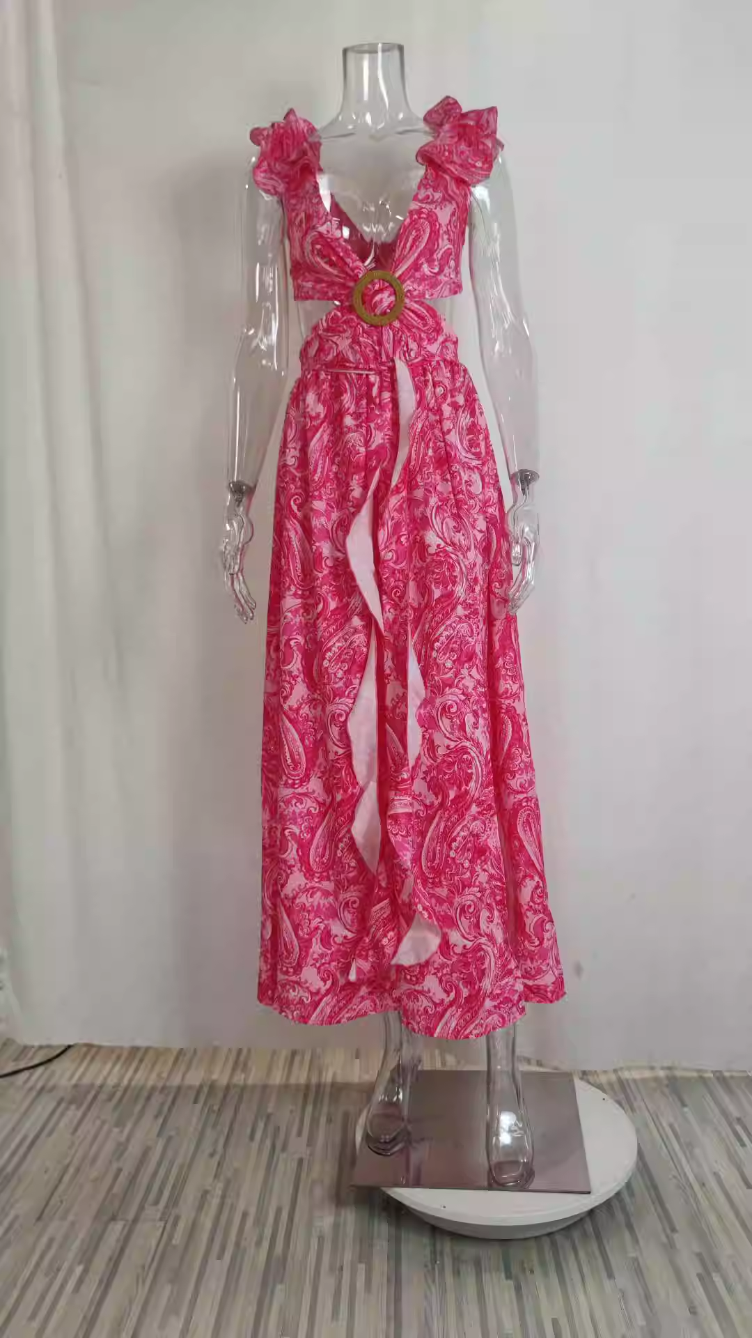 Simple Elegant Floral Print Cutout V-Neck Maxi Evening Dress DP8096
