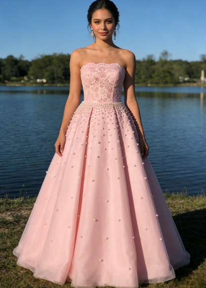 Elegantes, trägerloses, rosafarbenes Ballkleid aus Spitze und perlenbesetztem Tüll für den Sweet 15 Quinceañera-Tag (DP7770)