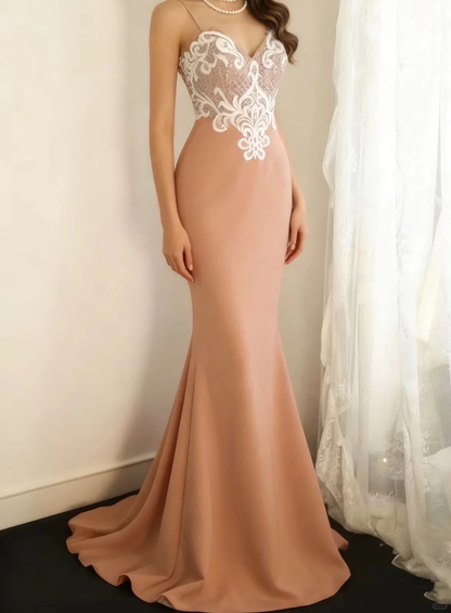 Elegant Mermaid Formal Evening Gown Spaghetti Strap Lace Applique & Train Prom Dress DP7625