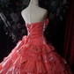 Magnifique robe de bal corail sans bretelles à volants superposés et fleurs 3D pour Sweet 15 ou Quinceañera DP7403