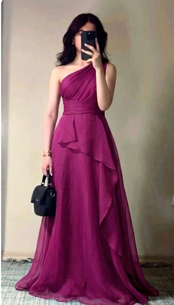 Elegant Burgundy One-Shoulder Draped Ruffle Chiffon A-Line Prom Dress DP8460