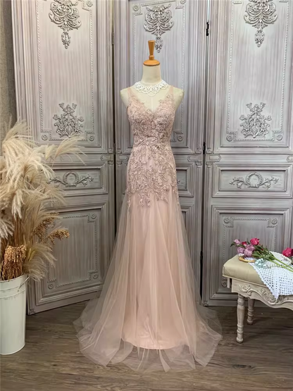 Vintage-Abendkleid im Meerjungfrauenstil in Rosa, mit Spitze verziert, V-Ausschnitt, Tüll, formelles Ballkleid DP7600