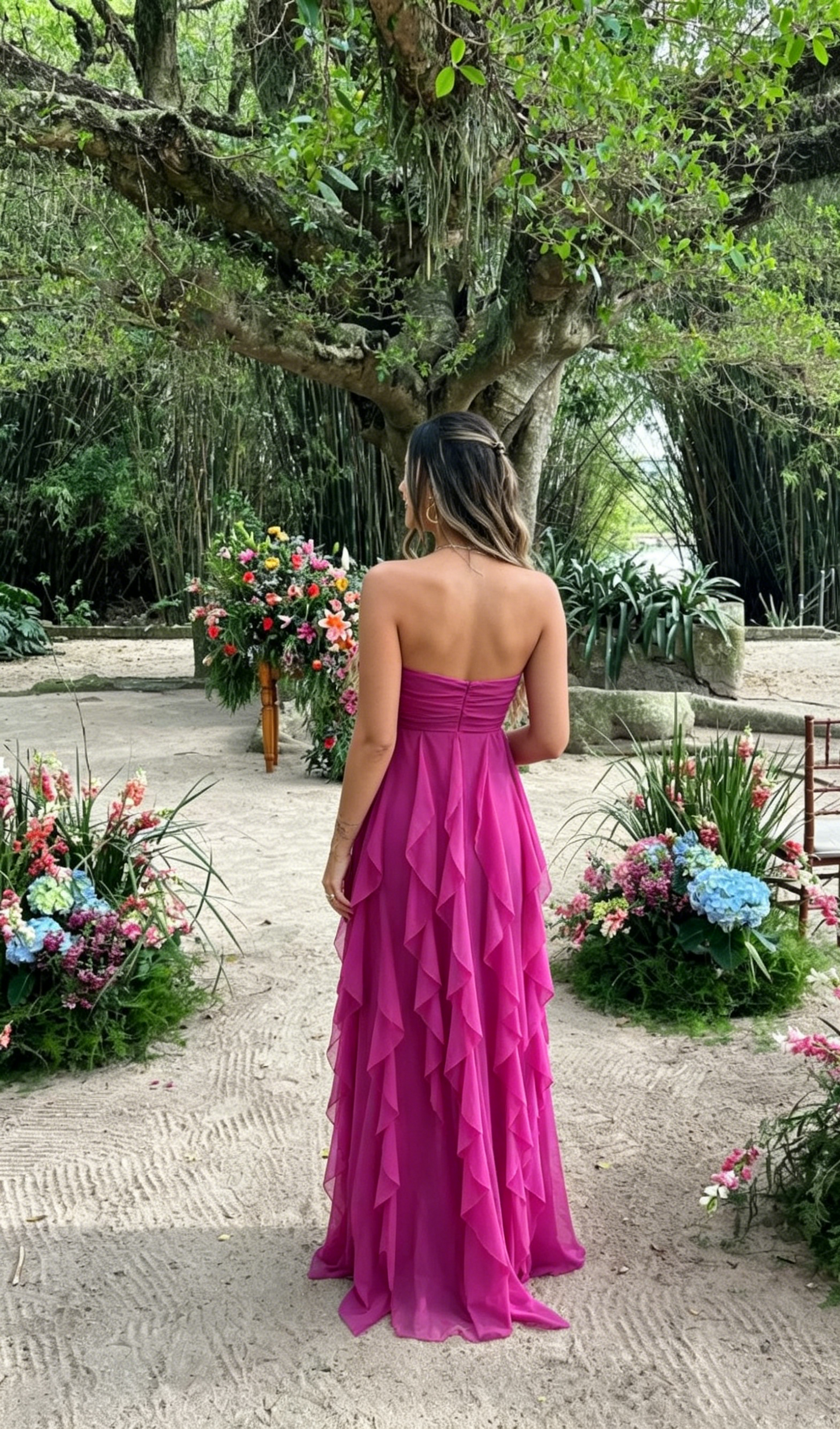 Elegant Fuchsia Strapless Sweetheart Ruffle Chiffon A-Line Prom Dress DP8454